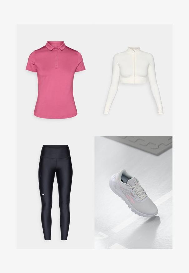Biała, krótka, zapinana na zamek, długopłaszczowa bluzka z wysokim kołnierzem, dopasowanym krojem, gładką teksturą i otworami na kciuki.; Różowa koszulka polo wykonana z gładkiego materiału, z kołnierzykiem, sześcioma guzikami i krótkimi rękawami. Prosty, dopasowany krój z estetycznym wykończeniem.; Czarne legginsy wykonane z gładkiego, elastycznego materiału z wysokim stanem. Posiadają białe logo na lewym udzie oraz dopasowany krój.; Jasnoszare buty sportowe z różowymi akcentami, siateczkowa cholewka, zaokrąglony czubek, amortyzowana podeszwa i sznurowane zapięcie. Powierzchnia jest gładka i refleksyjna.