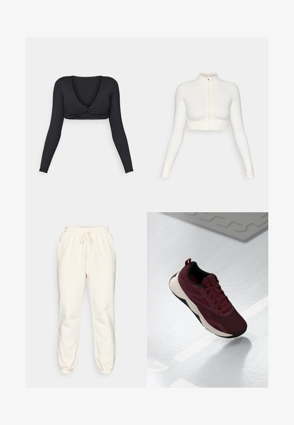 Bijela skraćena zip-up majica s dugim rukavima, visokim ovratnikom, uskim dizajnom, glatkom teksturom i rukavima s otvorima za palčeve.; Crni dugi rukavi crop top s dubokim V-izrezom i dizajnom s prevrnutim prednjim dijelom, izrađen od glatkog, rastezljivog materijala.; Kremaste trenirke napravljene od mekanog materijala, s elastičnim pojasom s vezicom, bočnim džepovima i uskim manžetama na gležnjevima.; Bordo atletska cipela s mrežastim gornjim dijelom, crnim akcentima i podloženim bijelim potplatom. Ima sustav vezanja i pomoćnu petlju na peti.