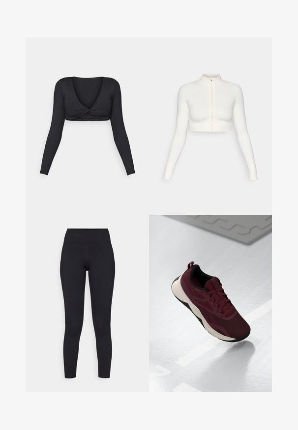 Biała, krótka, zapinana na zamek, długopłaszczowa bluzka z wysokim kołnierzem, dopasowanym krojem, gładką teksturą i otworami na kciuki.; Czarny długi rękaw crop top z głębokim dekoltem w kształcie litery V i skręconym przodem, wykonany z gładkiego, elastycznego materiału.; Czarne legginsy z wysokim stanem wykonane z elastycznego materiału, charakteryzujące się gładką teksturą i dopasowanym krojem, sięgającym do kostek.; Bordowe buty sportowe z siateczkową cholewką, czarnymi akcentami i wyściełaną białą podeszwą. Posiadają sznurowaną klamrę oraz uchwyt na pięcie.