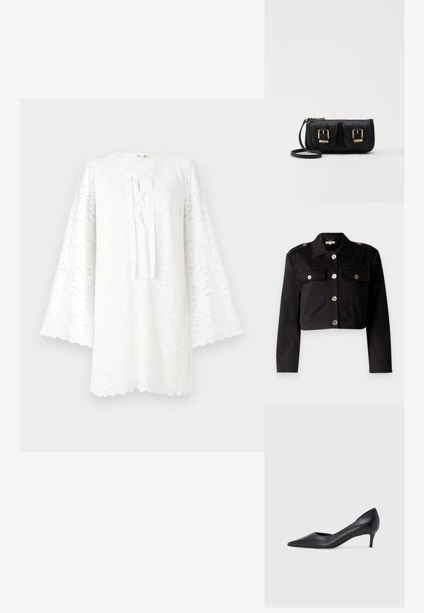 Čierna skrátená bunda z pevného materiálu s zlatými gombíkmi, dvoma náprsními vreckami a ramenami na zvýraznenie detailu.; Biela krajková tunika s okrúhlym výstrihom, dlhými rozšírenými rukávmi a detailom na viazanie vpredu. Zúžený lem pridáva textúru a vizuálny záujem.; Čierny kožený lodička s špičatou špičkou a nízkym opätkom. Má hladkú textúru a jemný lesk. Vpredu je otvorený výrez pre zvýraznenie detailu.; Čierna kožená crossbody taška s dvoma prednými vreckami, zlatými sponami, zipsovým uzatváraním a úzkym popruhom. Štruktúrovaný povrch a kompaktný obdĺžnikový tvar.