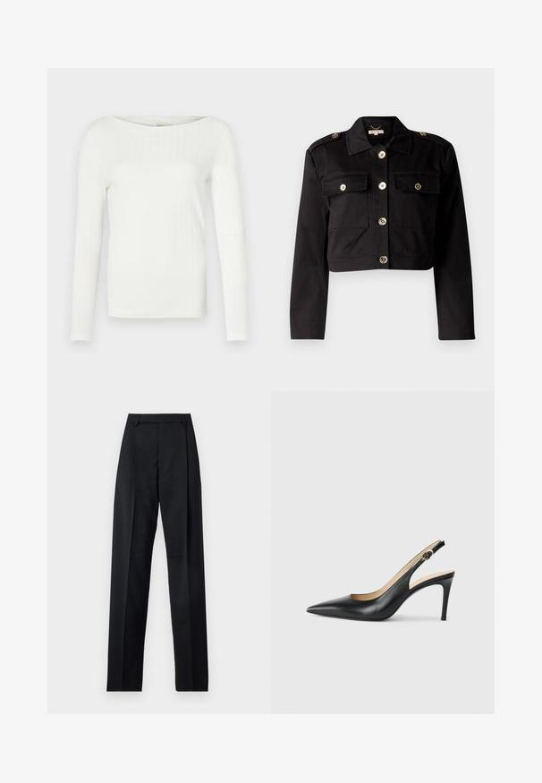 Čierna skrátená bunda z pevného materiálu s zlatými gombíkmi, dvoma náprsními vreckami a ramenami na zvýraznenie detailu.; Biela dlhá rukávová rebrová blúzka s širokým lodičkovým výstrihom, s priliehavým strihom a jemnou textúrou látky. Žiadne výrazné akcenty ani vzory.; Čierne nohavice vyrobené z hladkej látky s vysokým pásom, širokými nohavicami, prednými záhybmi a klasickými pútkami na opasok. Žiadne bočné vrecká nie sú viditeľné.; Čierne kožené lodičky na odkryté päte s špicatou špičkou, nastaviteľným pásikom a elegantným ihlovým podpätkom, s hladkým povrchom.