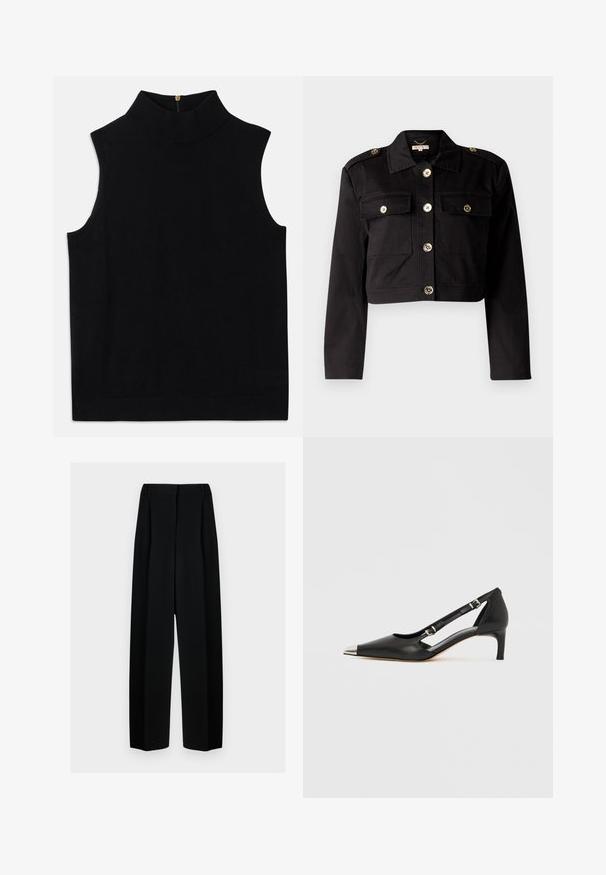 Svart croppet jakke i solidt stoff med gullfargede knapper, to brystlommer og skulderklaffer for ekstra detalj.; Svart ermeløs turtleneck topp laget av mykt materiale, med høy krage og glidelås bak. Enkel design uten mønstre eller detaljer.; Svart vide bukser med høy livhøyde, med folder og en glatt tekstur. Stoffet virker lett og faller elegant.; Sort skinn kittenhel med spiss sølv tåhette og doble spenne-stropper på hvit bakgrunn.