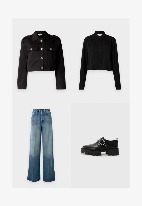 Melnā kroptā jaka izturīgā audumā ar zelta tonī šūnītēm, divām krūšu kabatām un plecu epauletēm papildu detaļām.; Melnas īsās piedurknes krekls ar garām piedurknēm, smailu apkakli un pogu aizdari. Izgatavots no gludas auduma ar brīvu piegriezumu un piedurkņu apakšām.; Gaiši zili, plaša kāju džinsi no denima. Iespējas ar augstu jostu, klasisku piecu kabatu dizainu un izbalējušu gradiantu no tumšas uz gaišu.; Melni ādas apavi ar masīvu, rievojumu zoli, ar apaļu sudraba aksesuāru un minimālām šuvēm.