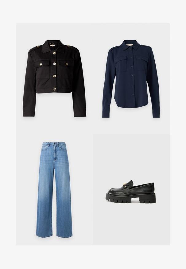 Chaqueta corta negra en tejido resistente con botones dorados, dos bolsillos en el pecho y charreteras en los hombros para un toque adicional.; Camisa de botón azul marino hecha de una tela suave. Cuenta con dos bolsillos en el pecho, hombreras y mangas largas con puños abotonados.; Jeans de mezclilla de tiro alto en azul claro, con perneras anchas, trabillas, bolsillos delanteros y detalles de costura en contraste.; Mocasines de cuero negro con una suela gruesa, que presentan un acento en tono dorado en la parte delantera y un acabado suave. Diseño de suela con dibujo grueso.