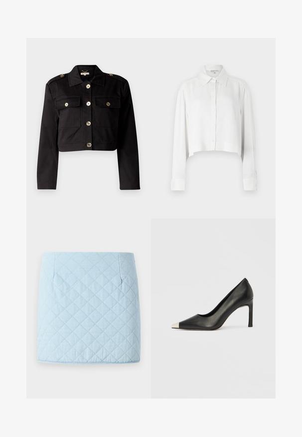 Zwarte cropped jas van stevige stof met gouden knopen, twee borstzakken en schouderepauletten voor extra detail.; Witte cropped shirt met lange mouwen, knoopsluiting aan de voorkant en klassieke kraag. Glad stof met gestructureerde manchetten en minimalistisch ontwerp.; Lichtblauwe gewatteerde rok met een ruitpatroon, voorzien van twee zijzakken en een rechte zoom. Gemaakt van een gestructureerde stof.; Zwarte leren hoge hak met een spits toelopende neus en een metalen zilverkleurige kap. Heeft een gladde afwerking en een slanke hak van 10 cm.