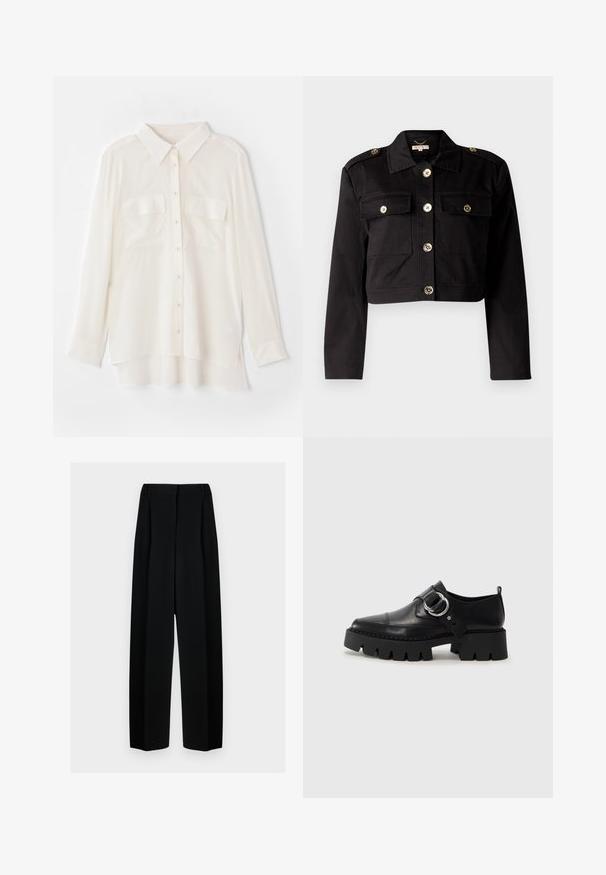 Juodas trumpas švarkas iš patvarios medžiagos, su auksinės spalvos mygtukais, dviem krūtinės kišenėmis ir pečių epauletais, suteikiančiais papildomą detalę.; Balta marškinėlių su mygtukais, pagaminti iš lengvos medžiagos. Turi klasikinį apykaklę, dvi krūtinės kišenes ir šiek tiek ilgesnį nugaros kraštą.; Juodos plačios kelnės su aukštu liemeniu, su klostėmis ir glotnia tekstūra. Medžiaga atrodo lengva ir dailiai krenta.; Juodos odinės bateliai su masyviu, grioveliuotu padu, su apvaliu sidabro detalės akcentu ir minimaliais siuvimo elementais.