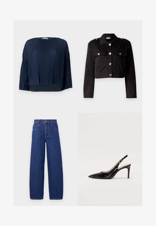 Crna skraćena jakna izrađena od čvrstog materijala sa zlatnim gumbima, dva džepa na prsima i epauletama na ramenima za dodatnu dodatnu detalj.; Mornaricki rebrasti top s okruglim dekolteom, širokim rukavima i skraćenim rubom. Tkanina ima mekan, teksturiran izgled i ležeran kroj.; Široke plave traperice s visokim strukom, s prednjim džepovima i narančastim šavovima. Tkanina ima glatku teksturu s klasičnim završetkom.; Crne lakirane slingback cipele s oštrim vrhom, uskim potpeticama i suptilnim izrezom. Sadrže zlatnu kopču na traku.