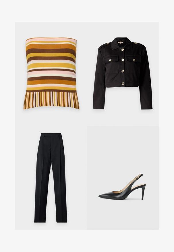 Black cropped jacket in sturdy fabric featuring gold-tone buttons, two chest pockets, and shoulder epaulets for added detail.; Strapless ribbed top featuring horizontal stripes in shades of brown, yellow, and pink, with a flared hem of alternating thin stripes.; Black trousers made from smooth fabric featuring a high waist, wide legs, front pleats, and classic belt loops. No side pockets visible.; Black leather slingback high heels with a pointed toe, adjustable strap, and a sleek stiletto heel, featuring a smooth finish.