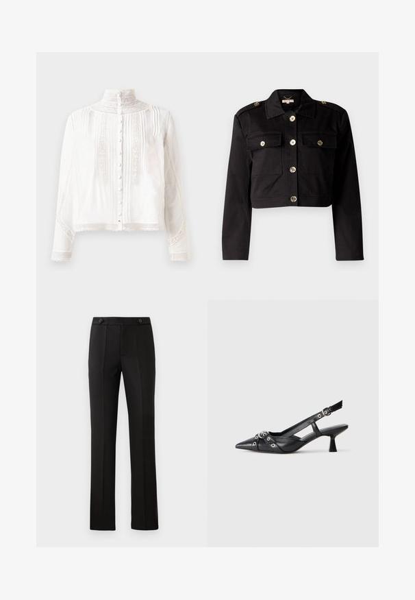 Juodas trumpas švarkas iš patvarios medžiagos, su auksinės spalvos mygtukais, dviem krūtinės kišenėmis ir pečių epauletais, suteikiančiais papildomą detalę.; Balta palaidinė su aukštu kaklu, ilgomis rankovėmis, vertikaliomis raukšlėmis, nėrinių akcentais ir priekyje esančia mygtukų uždarymo sistema. Lengva medžiaga su pusiau permatomu tekstūru.; Juodos pritaikytos kelnės su tiesiomis kojomis, dviem priekinėmis kišenėmis, mygtuko uždarymu ir raukšlėmis priekyje. Glotnaus audinio tekstūra.; Juodas odinis slingback tipo batai su smailiu priekiniu atvartu, dekoratyvinėmis sagtimis su metaliniais akyčiais ir žemu blokiniu kulnu. Saldus paviršius.