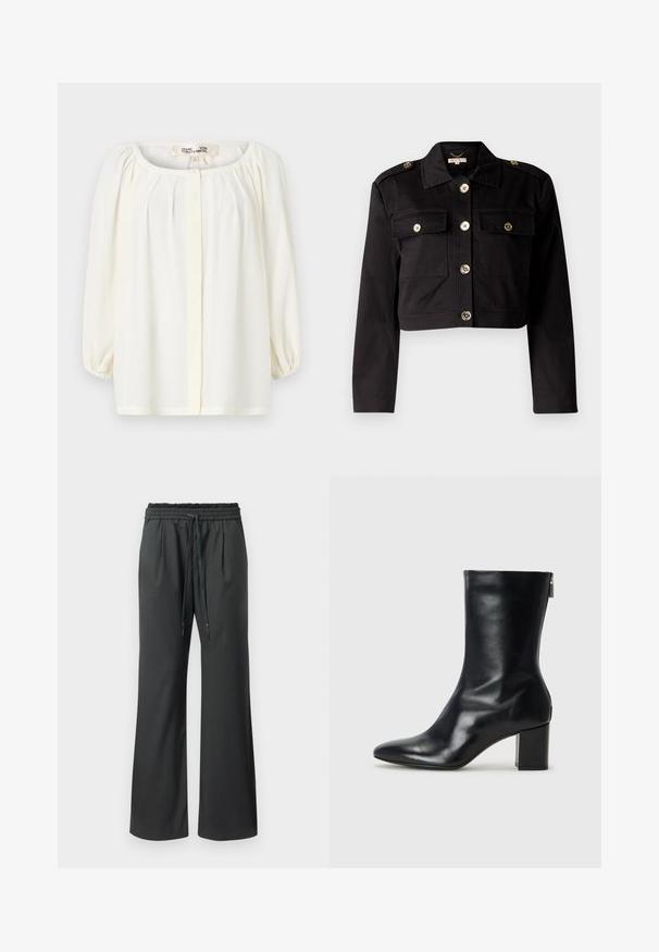 Schwarze kurz geschnittene Jacke aus robustem Stoff mit goldfarbenen Knöpfen, zwei Brusttaschen und Schulterklappen für zusätzliche Details.; Weiße Bluse mit runder Ausschnittlinie, gefalteter Vorderseite und dreiviertellangen Puffärmeln. Hergestellt aus leichtem Stoff mit weicher Textur.; Schwarze weite Hosen mit elastischem Bund und langen Kordeln, präsentiert vor einem schlichten weißen Hintergrund.; Schwarze Leder-Ankle-Boots mit spitzer Zehe und 4 cm Blockabsatz. Schlankes Design mit einem seitlichen Reißverschluss für einfaches Anziehen. Glatte Textur.