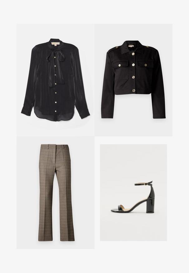 Giacca nera cropped in tessuto resistente con bottoni dorati, due tasche sul petto e spalline per un tocco di dettaglio.; Blusa nera a maniche lunghe realizzata in tessuto setoso con scollo annodato, bottoni dorati e orlo leggermente curvo. Tessuto liscio con una sottile lucentezza.; Pantaloni a quadri marroni con taglio dritto, caratterizzati da un tessuto testurizzato e da sfumature sottili di beige e marroni scuri in tutto il motivo.; Sandalo in vernice nera con tacco largo, punta aperta e cinturino alla caviglia con fibbia dorata. Texture liscia e design elegante.