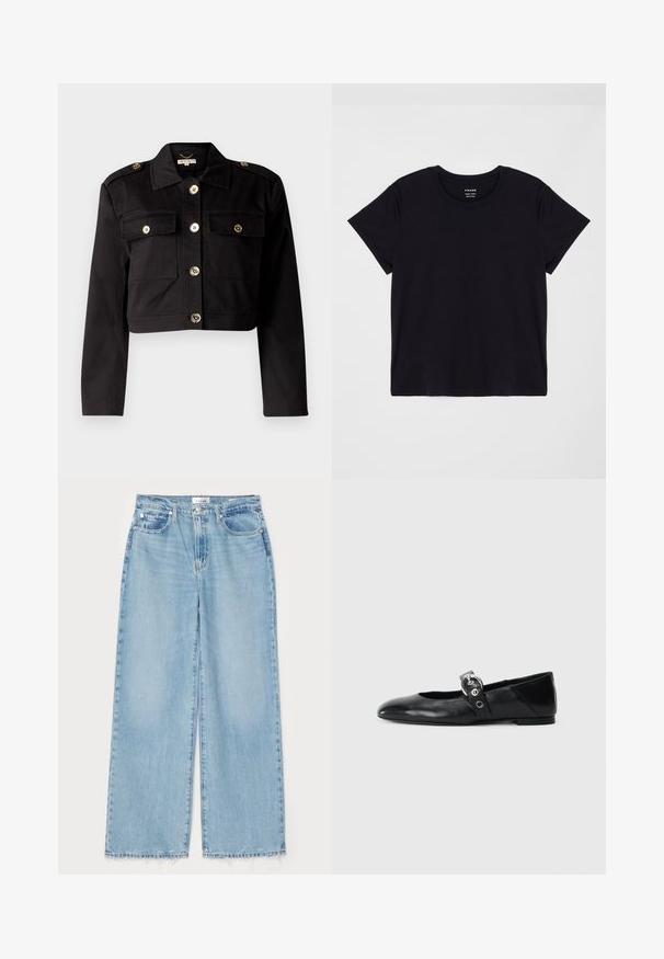 Black cropped jacket in sturdy fabric featuring gold-tone buttons, two chest pockets, and shoulder epaulets for added detail.; Black short-sleeve t-shirt made of soft cotton. Classic round neck design with a simple, unembellished surface and a relaxed fit.; Light blue wide-leg jeans made from denim, featuring a frayed bottom hem, classic five-pocket design, and a button closure at the waist.; Black leather ballet flats with a pointed toe, featuring a strap with a circular metallic buckle and a flat sole.