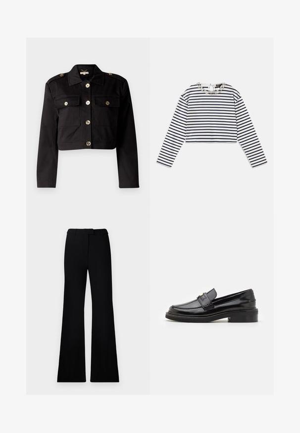 Giacca nera cropped in tessuto resistente con bottoni dorati, due tasche sul petto e spalline per un tocco di dettaglio.; Top a maniche lunghe a righe bianco e blu navy, design cropped con scollatura rotonda e dettaglio decorativo in catena argentata al colletto.; Pantaloni neri svasati con una texture liscia, vita sagomata e tasche frontali, progettati con un profilo elegante e moderno.; Mocassino in pelle verniciata nera con finitura liscia, dettagli cuciti nella parte anteriore e tacco basso per un supporto ottimale. Accentatura dorata sulla fascia.