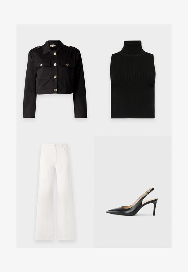 Veste cropped noire en tissu résistant avec des boutons dorés, deux poches sur la poitrine et des épaulettes pour un détail supplémentaire.; Haut sans manches noir avec col roulé, texture côtelée et coupe ajustée. Tissu lisse avec un col haut et sans embellissements supplémentaires.; Jean large blanc taille haute en denim. Se ferme par un bouton, dispose de deux poches avant et de coutures détaillées sur les côtés.; Escarpins en cuir noir avec une pointe fine, une bride ajustable et un talon aiguille élégant, présentant une finition lisse.