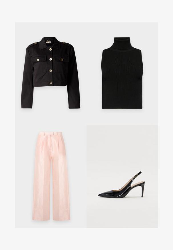 Czarna krótka kurtka z mocnego materiału, z złotymi guzikami, dwiema kieszeniami na piersiach i epoletami na ramionach dla dodatkowego efektu.; Czarna, bezrękawnikowa bluzka w stylu golfu z prążkowaną teksturą i dopasowanym krojem. Gładki materiał z wysokim kołnierzem i bez dodatkowych zdobień.; Jasnoróżowe spodnie o wysokim stanie i szerokich nogawkach, z gładką, błyszczącą teksturą, plisami z przodu i pasującym paskiem.; Czarne lakierowane szpilki typu slingback z szpiczastym noskiem, smukłym obcasem i subtelnym wycięciem. Posiadają złotą klamrę na pasku.