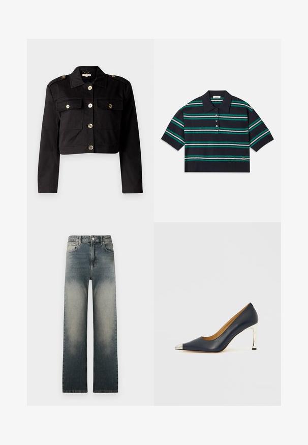 Svart croppet jakke i solidt stoff med gullfargede knapper, to brystlommer og skulderklaffer for ekstra detalj.; Marine stripet polo skjorte med korte ermer, med teal, hvite og grå striper. Tre knappelukking og logo detalj på kanten.; Høy midje rette jeans med falmet lys og mørk denimvask og klassisk fem-lommers design.; Marineblå høyhælte skinnsko med spiss tå, som har en sølvfarget metallhatt og en blank sølvfarget stiletthæl.