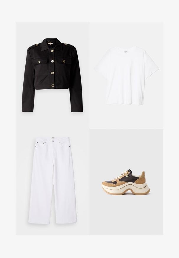 Schwarze kurz geschnittene Jacke aus robustem Stoff mit goldfarbenen Knöpfen, zwei Brusttaschen und Schulterklappen für zusätzliche Details.; Weißes Baumwoll-T-Shirt mit kurzen Ärmeln, runder Halslinie, lockerer Passform und genähtem Saum. Etikett sichtbar am inneren Kragen.; Weiße, weit geschnittene Jeans aus Denim mit einem Fünf-Taschen-Design, metallischen Hardware-Elementen und einer hohen Taille, mit einem sauberen Abschluss am Saum.; Chunky-Sneaker mit dicker Sohle in Beige und Dunkelbraun mit Wildlederakzenten, weißen Schnürsenkeln und einem kleinen goldenen MK-Anhänger an der Seite.