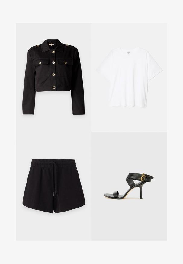 Fekete, rövidített dzseki strapabíró anyagból, aranyszínű gombokkal, két mellzsebbel és vállpántokkal, amelyek extra részleteket adnak.; Fehér pamut póló rövid ujjal, kerek nyakkivágással, laza fazonnal és varrott szegéllyel. Címke látható a belső nyakrészén.; Fekete sportnadrág puha anyagból. Az elasztikus derékpánton húzózsinór található, oldalsó zsebek és laza szabás jellemzi.; Fekete magassarkú szandál keresztpántos dizájnnal és állítható csattal. Simább felülettel és hegyes tűsarkúval rendelkezik.