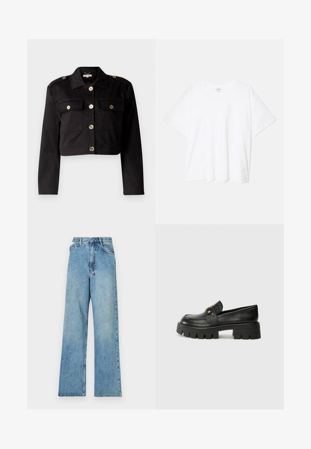 Casaco curto preto em tecido resistente, com botões em tom dourado, dois bolsos no peito e epauletes nos ombros para um detalhe adicional.; T-shirt de algodão branco com mangas curtas, decote redondo, corte descontraído e bainha cosida. Etiqueta visível no interior do pescoço.; Jean de ganga azul claro de perna larga com cintura média, cinco bolsos e fecho de botão com acessórios em metal e um acabamento desbotado.; Mocassins de couro preto com uma sola robusta, apresentando um detalhe em tom dourado na parte da frente e um acabamento suave. Design de solado com cravos robustos.