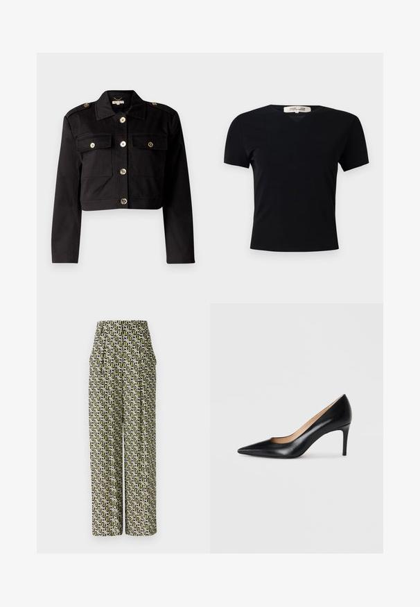 Juodas trumpas švarkas iš patvarios medžiagos, su auksinės spalvos mygtukais, dviem krūtinės kišenėmis ir pečių epauletais, suteikiančiais papildomą detalę.; Juodas trumpas rankovės marškinėliai su V formos iškirpte, pagaminti iš lygaus, tampraus audinio. Pasižymi paprasta, klasikinė siluetu be dekoracijų.; Diane von Furstenberg BELLINI PANTS - Kelnės - green; Juodas odinis aukštakulnis batelis su smailiu padu, elegantiška siluetu ir lygiu paviršiumi. Yra plonas kulnas ir mažas iškirpimas šonuose.
