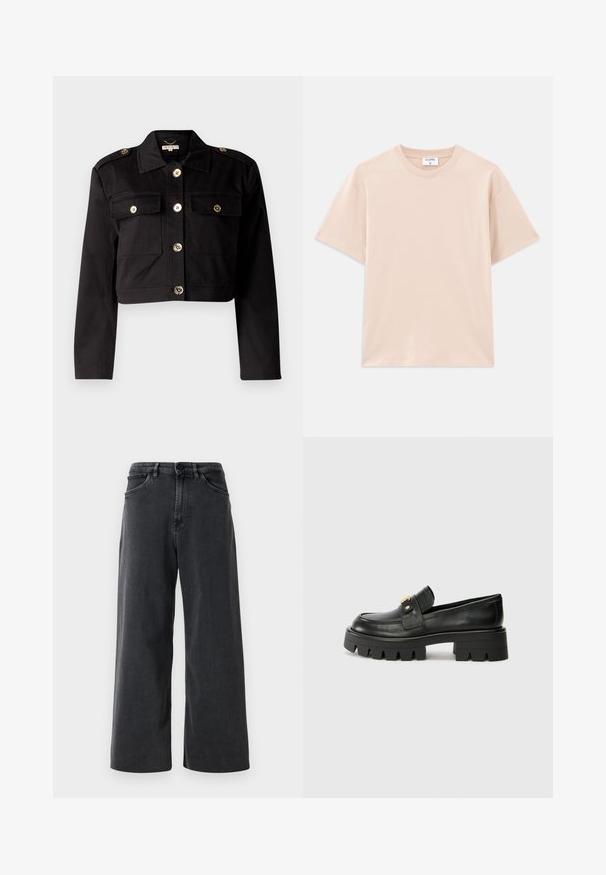Casaco curto preto em tecido resistente, com botões em tom dourado, dois bolsos no peito e epauletes nos ombros para um detalhe adicional.; T-shirt de manga curta em beige claro, feito de algodão suave. Decote redondo, corte descontraído, com barra reta e sem padrões ou gráficos.; Jeans de denim pretos de perna larga com botão e fecho à frente, passadores para cinto e bolsos frontais em fundo branco liso.; Mocassins de couro preto com uma sola robusta, apresentando um detalhe em tom dourado na parte da frente e um acabamento suave. Design de solado com cravos robustos.
