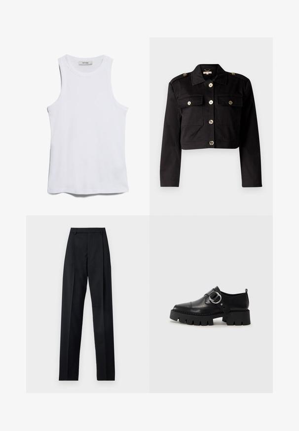 Zwarte cropped jas van stevige stof met gouden knopen, twee borstzakken en schouderepauletten voor extra detail.; Witte geribbelde tanktop met een ronde hals en brede armsgaten. Heeft een soepele textuur en een rechte zoom. Etiket zegt "IVY OAK."; Zwarte broek gemaakt van gladde stof met een hoge taille, wijde benen, voorplooien en klassieke ceintuurlussen. Geen zijzakken zichtbaar.; Zwarte leren schoenen met een robuuste, geribbelde zool, voorzien van een ronde zilveren hardwareaccent en minimale stikdetails.