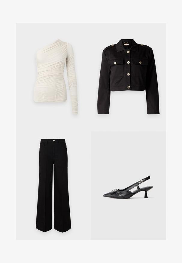 Must tükeldatud jack, mis on valmistatud tugevast kangast ja millel on kuldtooni nupud, kaks rinna taskut ja õlavarre epauletid, et lisada detaili.; Asümmeetriline kreemjas topp pehmest kangast, millel on üks pikk varrukas ja voltimisdetailid üle kogu pinna. Lihtne, keha järgnev disain.; Mustad mustad laiad teksad, millel on kõrge vöökoht, ees taskud ja ees nuppude sulgemine. Üksik serv all.; Must must have must toote tõmblukuga, dekoratiivsed rihmad metallist silmadega ja madal blokk-kand. Tekstureeritud pind.