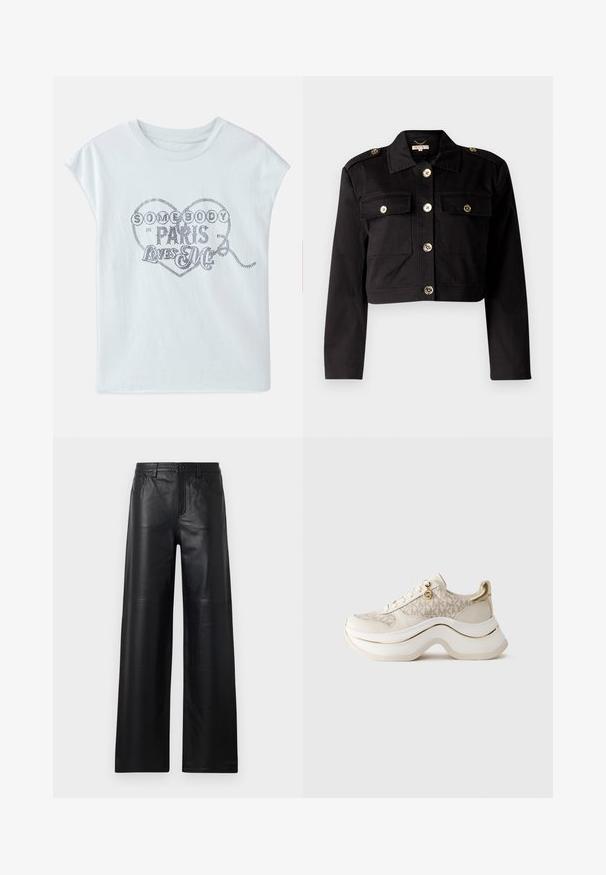 Svart kort jacka i kraftig väv med guldfärgade knappar, två bröstfickor och axelklaffar för extra detaljer.; Ljusblå bomulls t-shirt med korta ärmar, prydd med en hjärt-grafik och metallisk text: "NÅGON KROPP I PARIS ÄLSKAR MIG."; Breda svarta läderbyxor med en slät yta, utrustade med framfickor, knappstängning och subtila söm detaljer.; Beige och guldplattformssneakers med "MK"-mönster, snörning fram, guldcharm och tjock, vågig sula mot en enfärgad bakgrund.