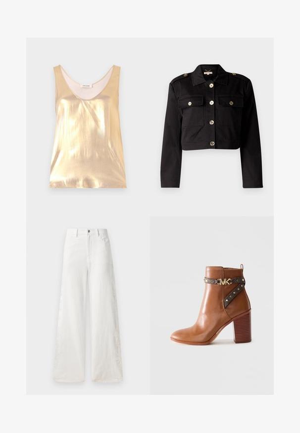 Svart croppet jakke i solidt stoff med gullfargede knapper, to brystlommer og skulderklaffer for ekstra detalj.; Metallisk gullsang med dyp utringning og uten ermer. Jevn tekstur, tettsittende design og myk innermateriale.; Hvite vide jeans laget av denim med sidebroderimønstre og tradisjonell fem-lommer-design. Glidelås med knapp.; Brune lær ankle boot med stablet blokhæl, sidestraps med guldnitter og en guld "MK" logo spænde.