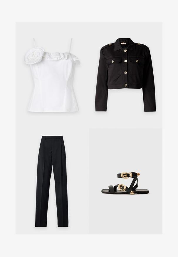 Melnā kroptā jaka izturīgā audumā ar zelta tonī šūnītēm, divām krūšu kabatām un plecu epauletēm papildu detaļām.; Baltas bezpiedurkņu tops ar viļņotu kakla līniju un lielu dekoratīvu ziedu akcentu vienā pusē; gluda tekstūra, pieguļošs dizains.; Melnas bikses, izgatavotas no gludas auduma, ar augstu vidukli, platiem bikšu galdniekiem, priekšējiem krokām un klasiskām jostu cilpām. Sānu kabatas nav redzamas.; Melni ādas sandales ar zelta sprādzēm, ar vairākām siksnām un plakanu zoli, piemērotas valkāšanai ar atvērtu purngala.