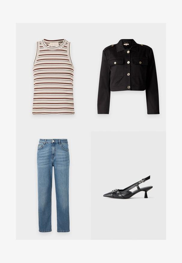 Black cropped jacket in sturdy fabric featuring gold-tone buttons, two chest pockets, and shoulder epaulets for added detail.; Brown and white striped tank top with a ribbed texture, round neckline, and sleeveless design. Features varying stripe widths throughout.; Light blue denim jeans with a straight-leg cut, visible front pockets, a button closure, and slight fading for texture.; Black leather slingback shoe with a pointed toe, decorative straps featuring metal eyelets, and a low block heel. Textured surface.