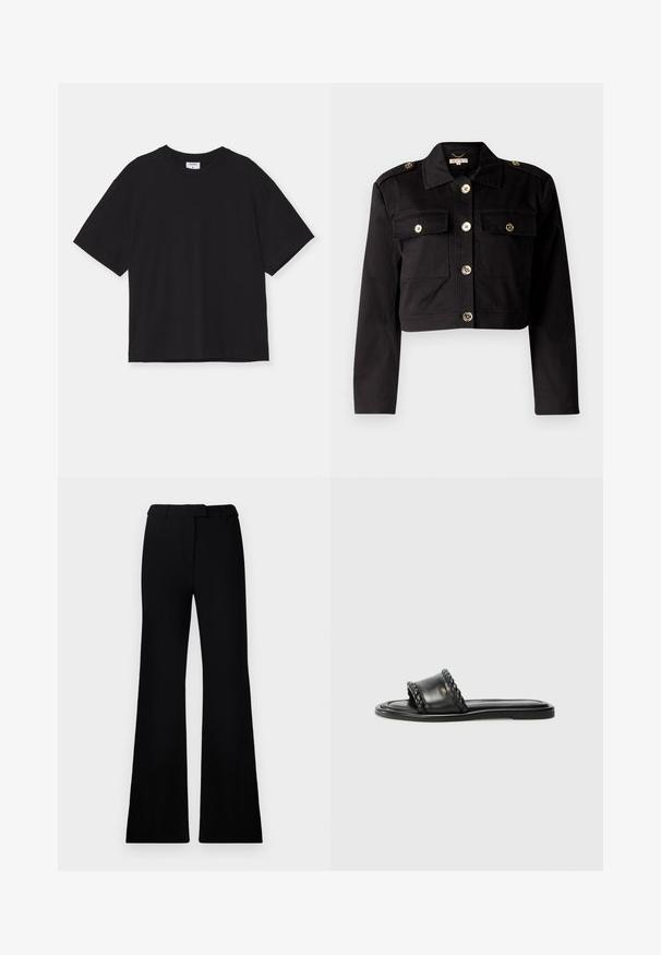 Schwarze kurz geschnittene Jacke aus robustem Stoff mit goldfarbenen Knöpfen, zwei Brusttaschen und Schulterklappen für zusätzliche Details.; Schwarzes kurzärmeliges T-Shirt aus Baumwolle. Es hat eine lockere Passform, einen runden Halsauschnitt und keine sichtbaren Muster oder Verzierungen.; Schwarze ausgestellte Hose mit einer glatten Textur, tailliertem Bund und Fronttaschen, entworfen mit einer eleganten, modernen Silhouette.; Schwarze Ledersandale mit einem gewebten Riemen-Detail, flacher Sohle und schlankem Design. Glatte Textur und minimalistisches Profil.