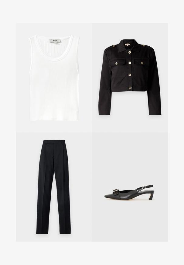 Črna skrajšana jakna iz trdnega blaga, ki ima zlate gumbe, dva žepa na prsih in epaulete na ramenih za dodaten detajl.; Bela rebrasta maica brez rokavov z okroglo ovratnico in širokimi naramnicami, z oznako "AGOLDE" in velikostjo "S."; Črne hlače iz gladkega materiala, ki imajo visok pas, široke noge, sprednje nabore in klasične zanke za pas. Nevidni stranski žepi.; Črne usnjene slingback čevlje z ostrim nosom, majhnim petam in dekorativno sponko na zgornjem delu. Gladka tekstura, minimalistična zasnova.