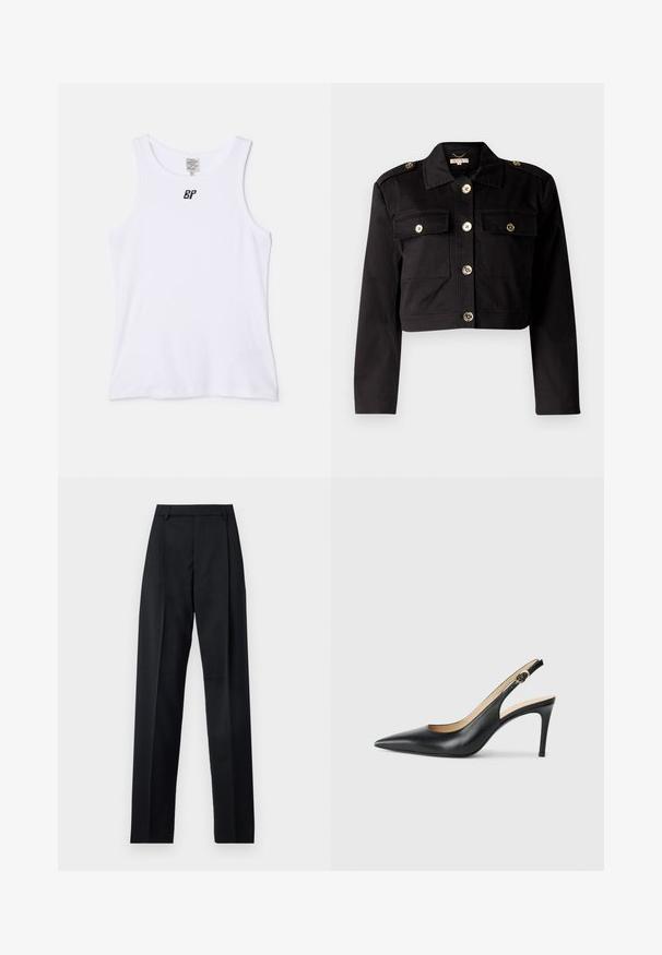 Čierna skrátená bunda z pevného materiálu s zlatými gombíkmi, dvoma náprsními vreckami a ramenami na zvýraznenie detailu.; Biely bavlnený top bez rukávov s okrúhlym výstrihom a stredne širokými ramienkami. Na hrudi sa nachádza malé čierne logo. Hladká textúra.; Čierne nohavice vyrobené z hladkej látky s vysokým pásom, širokými nohavicami, prednými záhybmi a klasickými pútkami na opasok. Žiadne bočné vrecká nie sú viditeľné.; Čierne kožené lodičky na odkryté päte s špicatou špičkou, nastaviteľným pásikom a elegantným ihlovým podpätkom, s hladkým povrchom.