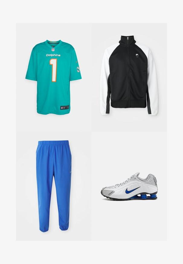 Černobílé zipové sako Nike Air s vysokým límcem, černým předním dílem a bílými rukávy, vystavené na jednobarevném pozadí.; Dres Miami Dolphins v tyrkysové barvě s oranžovými akcenty, s číslem "1" v bílé barvě. Vyrobeno z lehkého materiálu s krátkými rukávy a síťovanými boky.; Modré sportovní kalhoty s elastickým páskem, rovně střiženými nohavicemi a zúženými manžetami. Na levé straně se nachází zlaté logo Nike.; Běžecká obuv Nike s bílým a šedým svrškem, modrými akcenty, perforovanými detaily, polstrovanou podrážkou a charakteristickým systémem pružin Shox.