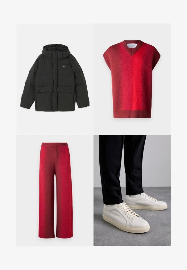 Crna puf jakna s kapuljačom. Ima zatvaranje na zip, dva velika prednja džepa i glatku, kviltanu teksturu. Logo na prsima.; Crvena kratka majica s kratkim rukavima i V-izrezom. Mekana tekstura s gradijentom od tamnocrvene do svijetlocrvene. Minimalistički dizajn, bez vidljivih metalnih dijelova.; Crvene hlače širokih nogavica od teksturiranog materijala s visokim strukom. Sadrže bočne džepove i glatku završnicu, s naglašenim gradijentnim efektom.; Svijetlosmeđi kožni tenisice s ravnim vezicama, teksturiranom površinom i kontrastnom kremasto bijelom gumom potplatom, uparene s crnim suženim hlačama.