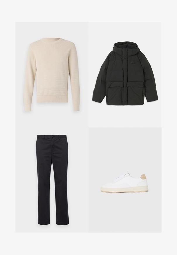 Čierna zateplená bunda s kapucňou. Obsahuje predný zips, dve veľké predné vrecká a hladký prešívaný povrch. Logo na hrudi.; Béžový pletený sveter s texturovaným vzorom, okrúhlym výstrihom a rebrovanými manžetami a lemom. Klasický strih s dlhými rukávmi.; Čierne bavlnené nohavice so strihom rovného noha, s gombíkovým zapínaním a pútkami na opasok. Hladká textúra, bez viditeľných vzorov alebo akcentov.; Biele nízke tenisky s textúrovaným koženým zvrškom, krémovou drážkovanou podrážkou a akcentom v hnedej farbe na podpätku. Majú biele šnúrky a detail loga na päte.