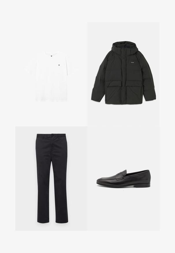 Black puffer jacket with a hood. Features a zip front, two large front pockets, and a smooth, quilted texture. Logo on the chest.; White short-sleeve crew-neck t-shirt with small circular logo featuring a black "W" on the left chest area.; Black cotton trousers with a straight leg design, featuring a button closure and belt loops. Smooth texture, no visible patterns or accents.; Black leather men's loafer with a low heel and a classic penny strap design, shown in side profile on a white background.