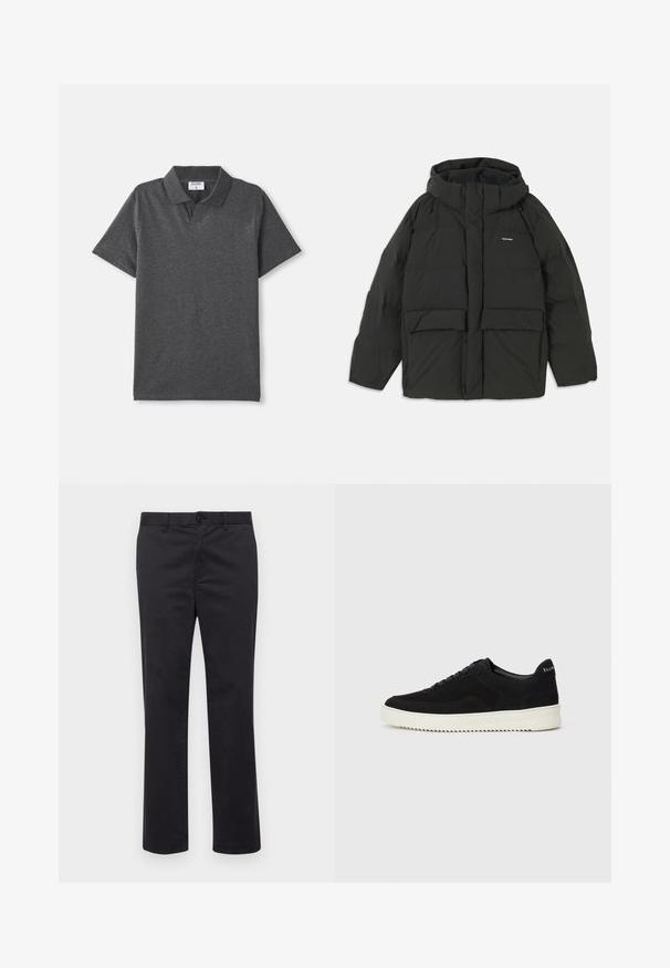 Zwarte pufferjack met een capuchon. Heeft een rits aan de voorkant, twee grote voorzakken en een gladde, gewatteerde textuur. Logo op de borst.; Charcoalgrijze polo met korte mouwen en een kraag, zonder zichtbare knopen, liggend op een witte achtergrond.; Zwarte katoenen broek met een recht pijpdesign, voorzien van een knoopsluiting en riemlussen. Soepele textuur, geen zichtbare patronen of accenten.; Zwarte suède sneakers met vetersluiting en contrasterende witte rubberen zool. Voorzien van textuurpanelen aan de zijkanten en subtiele branding op de hiel.