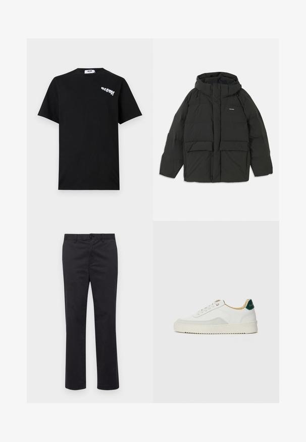 Casaco puffer preto com capuz. Apresenta um fecho de correr à frente, dois grandes bolsos frontais e uma textura lisa e acolchoada. Logótipo no peito.; T-shirt preta de algodão com mangas curtas, apresentando o texto branco e divertido "msgm!" na área do peito esquerdo e um decote redondo.; Calças de algodão pretas com um design de perna reta, apresentando um fecho de botão e passantes para cinto. Textura suave, sem padrões ou detalhes visíveis.; Tênis brancos com detalhes em camurça, bico arredondado, atacadores planos e sola de borracha creme. Apresenta uma marcação verde no calcanhar.