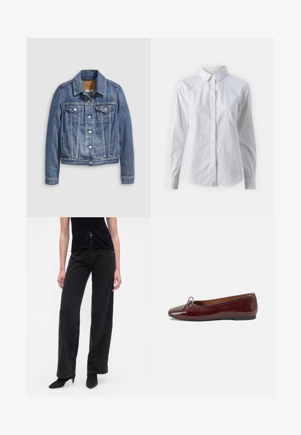 Denim jacket in medium blue with a classic collar, button front, two chest pockets, and gold-tone hardware. Distressed texture detail.; White button-up shirt made of smooth cotton, featuring a classic collar, long sleeves, and a curved hem. Buttons are small and white.; Black wide-leg jeans made of denim with a high waist, featuring a button closure and a relaxed fit, paired with pointed black heels.; Burgundy patent leather ballet flat with a rounded toe, small bow accent at the front, and a low, black rubber sole. Smooth texture.