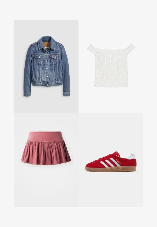 Chaqueta vaquera azul medio con cuello clásico, cierre frontal con botones, dos bolsillos en el pecho y herrajes en tono dorado. Detalle de textura desgastada.; Top blanco sin mangas con detalles de volantes, textura fruncida y cintura elástica. Fabricado en suave tejido de algodón.; Falda de algodón rosa con cintura elástica, que presenta detalles fruncidos y una forma acampanada. Textura suave, diseño hasta la rodilla.; Zapatillas de ante rojo con diseño de tres rayas blancas y texto dorado "Gazelle". Cuenta con una suela de goma y un talón texturizado.