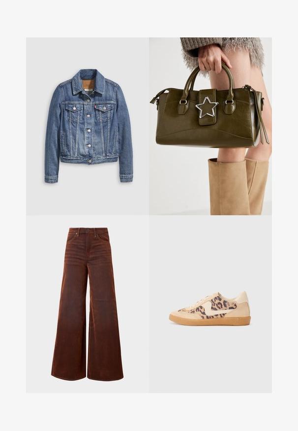 Chaqueta vaquera azul medio con cuello clásico, cierre frontal con botones, dos bolsillos en el pecho y herrajes en tono dorado. Detalle de textura desgastada.; Top blanco sin mangas con detalles de volantes, textura fruncida y cintura elástica. Fabricado en suave tejido de algodón.; Jeans marrones de tiro alto y pierna ancha, con bolsillos frontales, pasadores para cinturón y cierre de botón, exhibidos sobre un fondo liso.; Zapatillas de leopardo con parte superior de ante beige, suela de goma marrón y acentos blancos. Punta redonda y diseño con cordones con un acabado texturado.; Bolso de mano de cuero sintético verde oliva con acento de estrella plateada, doble asa y cierre de cremallera. Superficie texturizada y forma estructurada.