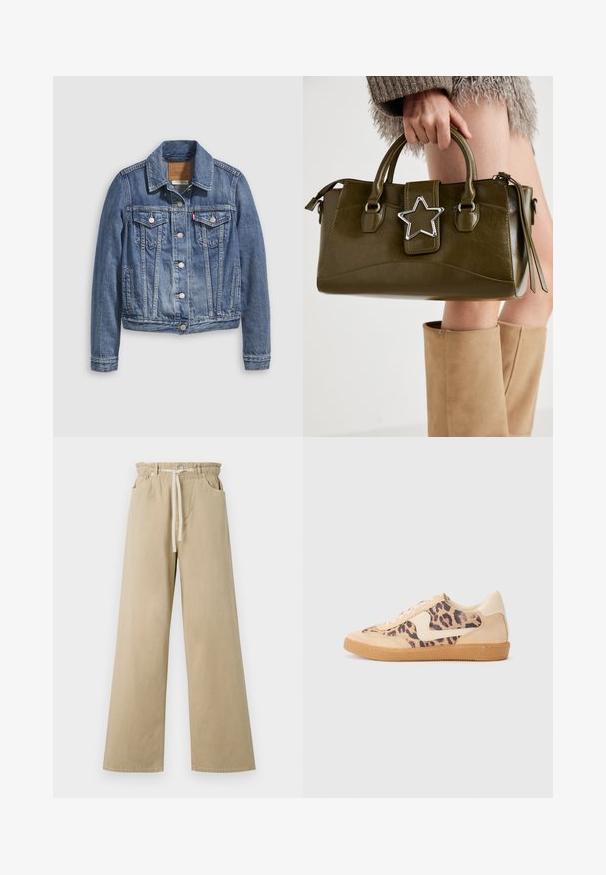 Közép kék farmerdzseki klasszikus gallérral, gombos előlappal, két mellzsebbel és aranyszínű fém alkatrészekkel. Kopott hatású textúra.; Fehér, váll nélküli felső fodros díszítéssel, redőzött textúrával és rugalmas derékkal. Puha pamutanyagból készült.; Bézs színű, laza szabású pamut nadrág rugalmas derékkal és zsinórral. Két oldalsó zsebe és sima textúrája van.; Leopárdmintás sportcipő bézs velúr felsőrésszel, világosbarna gumitalppal és fehér kiegészítőkkel. Kerek orr, fűzős kialakítás, és textúrázott felület jellemzi.; Olívazöld műbőr kézitáska ezüst csillag díszítéssel, dupla fogantyúval és cipzáros zárással. Texturált felület és formázott alak.