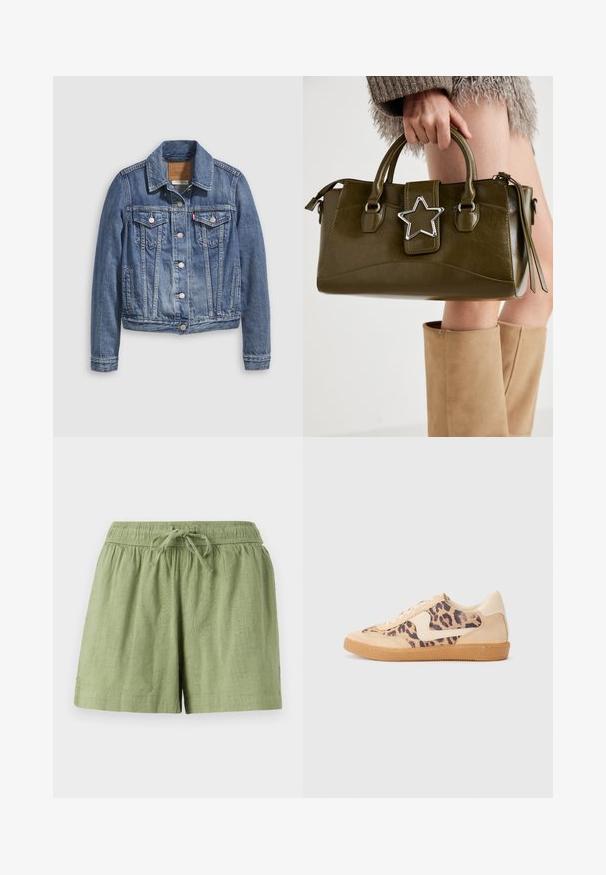 Jachetă din denim albastru mediu cu guler clasic, nasturi în față, două buzunare la piept și accesorii auriu-țintă. Detaliu cu textură uzată.; Un top alb off-the-shoulder cu accente volanate, textură pliată și talie elastică. Fabricat dintr-un material moale din bumbac.; Pantaloni scurți din bumbac de culoare verde deschis, cu un bandou elastic și șnur. Include buzunare laterale și un finisaj de țesătură texturată.; Tenisi cu imprimeu de leopard, cu partea superioară din suede bej, talpă din cauciuc maro și accente albe. Vârf rotund și design cu șireturi, cu un finisaj texturat.; Geantă din piele ecologică de culoare verde măslin, cu accent din stea argintie, două mânere și închidere cu fermoar. Suprafață texturată și formă structurată.