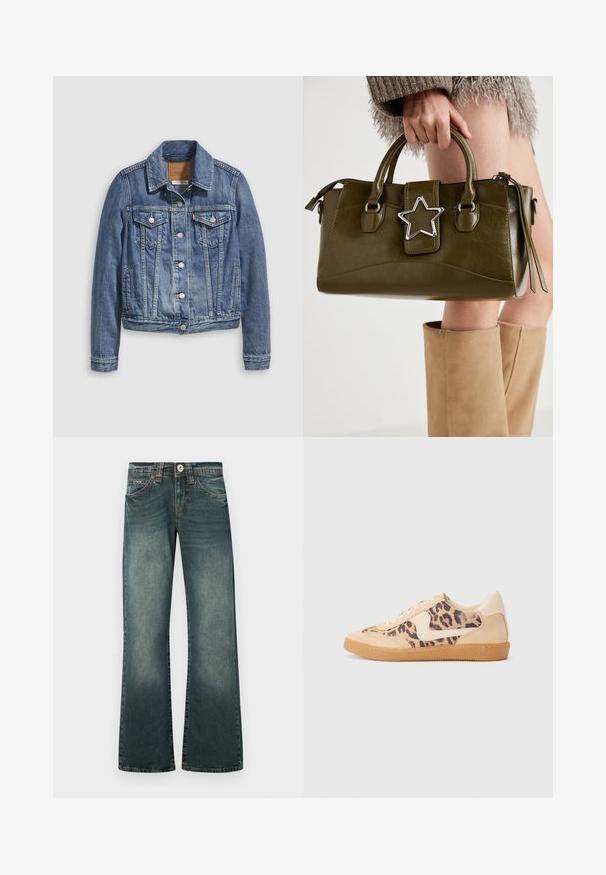 Jachetă din denim albastru mediu cu guler clasic, nasturi în față, două buzunare la piept și accesorii auriu-țintă. Detaliu cu textură uzată.; Un top alb off-the-shoulder cu accente volanate, textură pliată și talie elastică. Fabricat dintr-un material moale din bumbac.; Jeans unisex cu croială largă, din denim albastru închis cu accente estompate, prevăzuți cu închidere clasică cu nasturi și buzunare frontale.; Tenisi cu imprimeu de leopard, cu partea superioară din suede bej, talpă din cauciuc maro și accente albe. Vârf rotund și design cu șireturi, cu un finisaj texturat.; Geantă din piele ecologică de culoare verde măslin, cu accent din stea argintie, două mânere și închidere cu fermoar. Suprafață texturată și formă structurată.