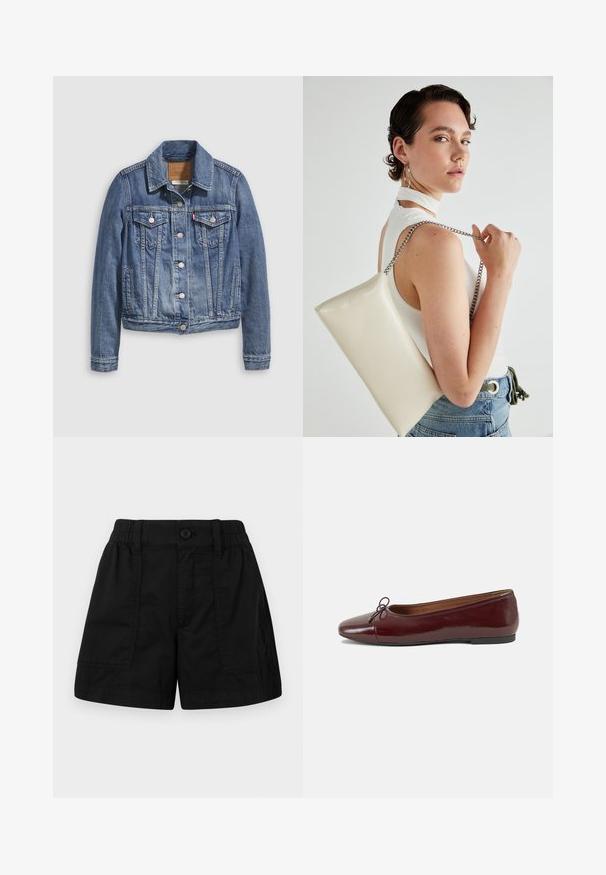 Spijkerjack in mediumblauw met een klassieke kraag, knopen aan de voorkant, twee borstzakken en goudkleurige accenten. Verweerde textuurdetails.; Witte off-shoulder top met gerimpelde accenten, gathering structuur en een elastische tailleband. Gemaakt van zachte katoenen stof.; Zwarte katoenen shorts met een elastische tailleband en een knoopsluiting, voorzien van twee voorzakken en een rechte snit. Zachte textuur.; Bordeaux gepatenteerd lederen ballerina met een ronde neus, een klein strikaccent aan de voorkant en een lage, zwarte rubberen zool. Glad textuur.; Witte rechthoekige clutch tas gemaakt van glanzend materiaal, met een zilveren kettingband. Model poseert en toont de tas tegen een effen achtergrond.