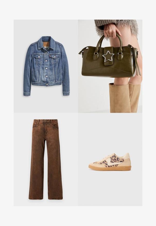 Denim jacket in medium blue with a classic collar, button front, two chest pockets, and gold-tone hardware. Distressed texture detail.; White off-the-shoulder top with ruffled accents, gathered texture, and an elasticized waistband. Made from soft cotton fabric.; Brown wide-leg pants made of denim, featuring a textured finish, a button and zipper closure, and two front pockets.; Leopard print sneakers with beige suede upper, tan rubber sole, and white accents. Round toe and lace-up design with a textured finish.; Olive green faux leather handbag with silver star accent, dual handles, and a zip closure. Textured surface and structured shape.