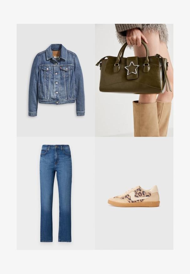 Džínová bunda v stredne modrej farbe s klasickým golierom, zapínaním na gombíky, dvoma náprsnými vreckami a kovaným zlatým detailom. Detail s opotrebovaným vzhľadom.; Biela blúzka bez ramienok s volánikmi, riasenou textúrou a elastickým pásom. Vyrobená z jemnej bavlnenej tkaniny.; Modré džínsy s rovnými nohavicami, vysokým pásom, piatimi vreckami a jemným prešívaním pozdĺž švov. Hladký povrch.; Tenisky s leopardím vzorom, s béžovým semišovým zvrškom, svetlohnedou gumovou podrážkou a bielymi akcentmi. Okrúhla špička a šnurovací dizajn s textúrovaným povrchom.; Olive zelená kabelka z faux kože s striebornou hviezdou, dvojitými uchami a zipsovým uzáverom. Textúrovaný povrch a štruktúrovaný tvar.