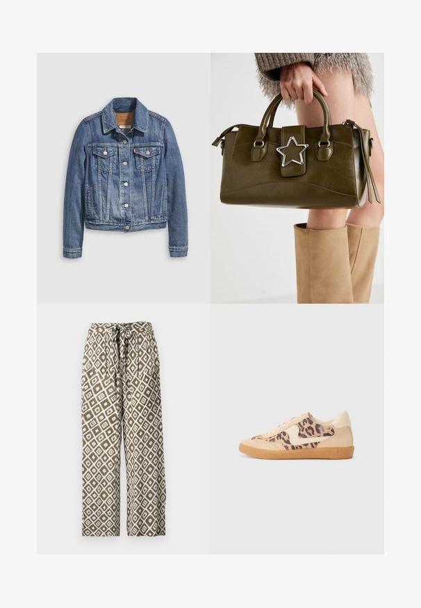 Traper jakna srednje plave boje s klasičnim ovratnikom, patentnim zatvaračem s gumbima, dva džepa na prsima i zlatnim detaljima. Detalj iznošene teksture.; Bijela bluzica bez naramenica s volanima, naboranom teksturom i elastičnom gumicom u struku. Izrađena od mekanog pamučnog materijala.; Printane hlače širokih nogavica u maslinasto zelenoj i bijeloj boji. Sadrže dijamantni uzorak i pojas s vezicom. Napravljene su od laganog materijala.; Tenisice s uzorkom leoparda, bež nubuk gornjištem, smešnim gumenim đonom i bijelim detaljima. Okrugli vrh i dizajn s vezicama s teksturiranom završnom obradom.; Maslinasto zelena torba od umjetne kože s srebrnim zvijezdastim detaljem, dvostrukim ručkama i zatvaranjem na munje. Teksturirana površina i strukturirani oblik.